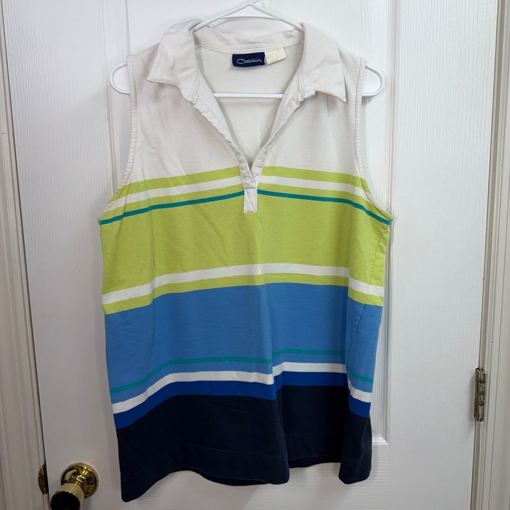 Vintage Catalina‎ collared tricolor striped colorblock v-neck sleeveless shirt